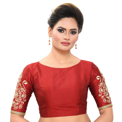 Women's Poly Raw Silk Readymade Saree Blouse With Embroidered Sleeves