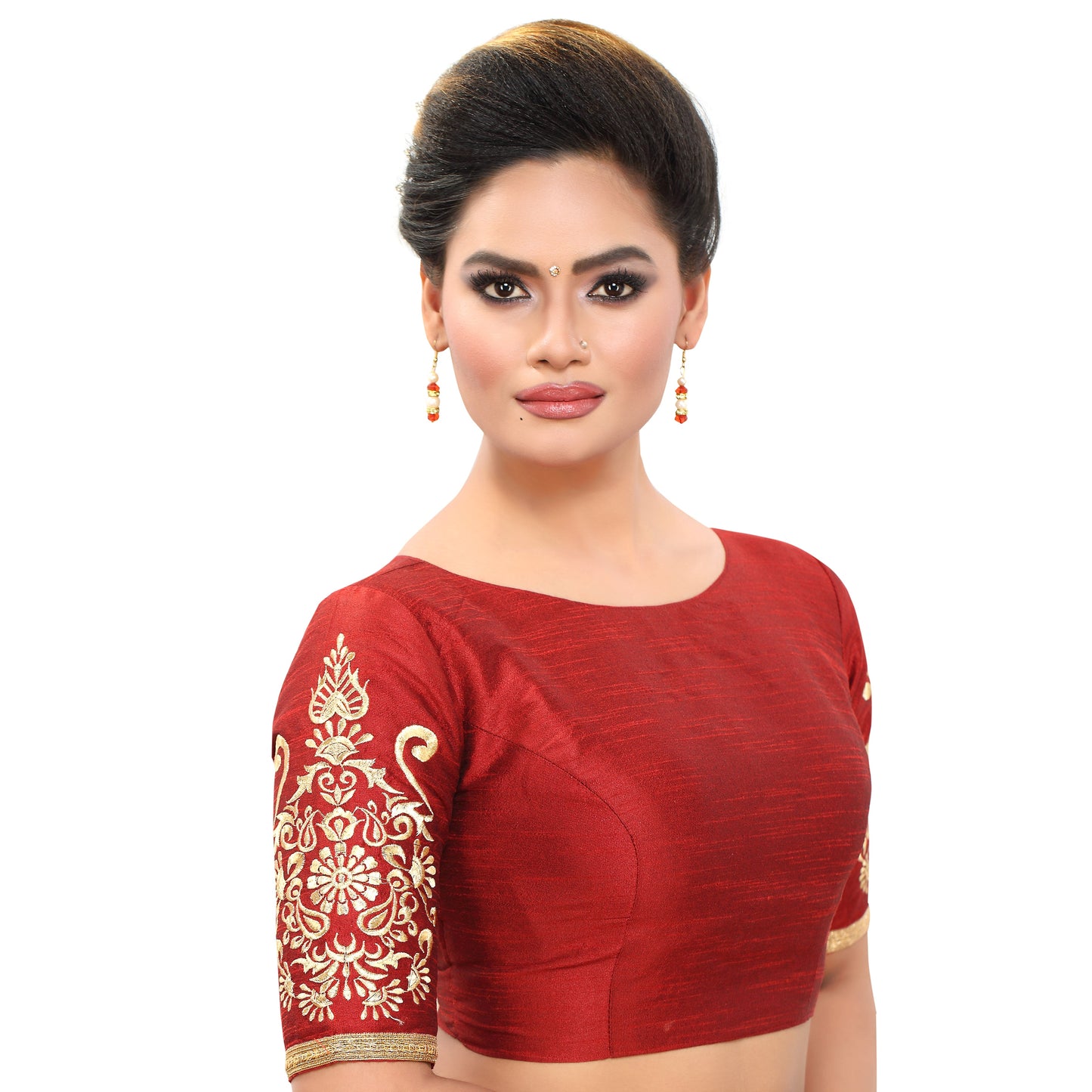 Women's Poly Raw Silk Readymade Saree Blouse With Embroidered Sleeves