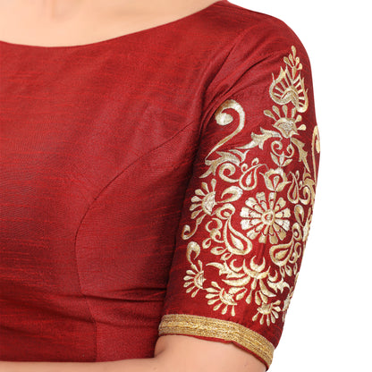 Women's Poly Raw Silk Readymade Saree Blouse With Embroidered Sleeves