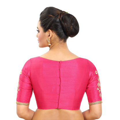 Women's Poly Raw Silk Readymade Saree Blouse With Embroidered Sleeves