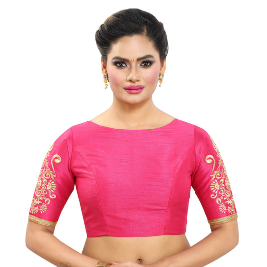 Women's Poly Raw Silk Readymade Saree Blouse With Embroidered Sleeves