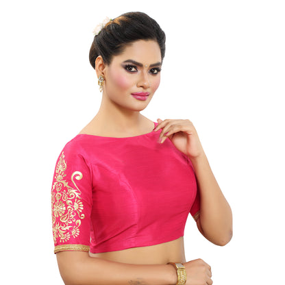 Women's Poly Raw Silk Readymade Saree Blouse With Embroidered Sleeves