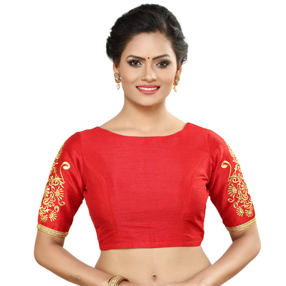 Women's Poly Raw Silk Readymade Saree Blouse With Embroidered Sleeves