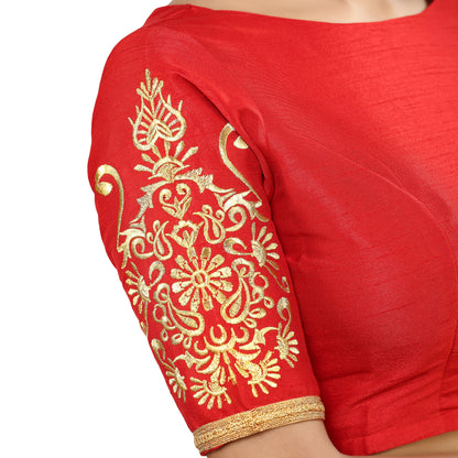 Women's Poly Raw Silk Readymade Saree Blouse With Embroidered Sleeves