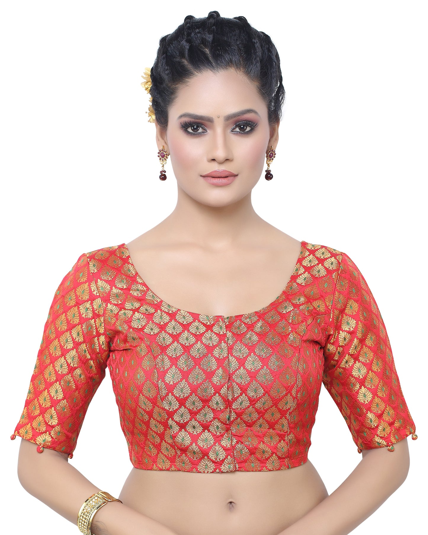 Women's Brocade Elbow Length Sleeve Readymade Saree Blouse