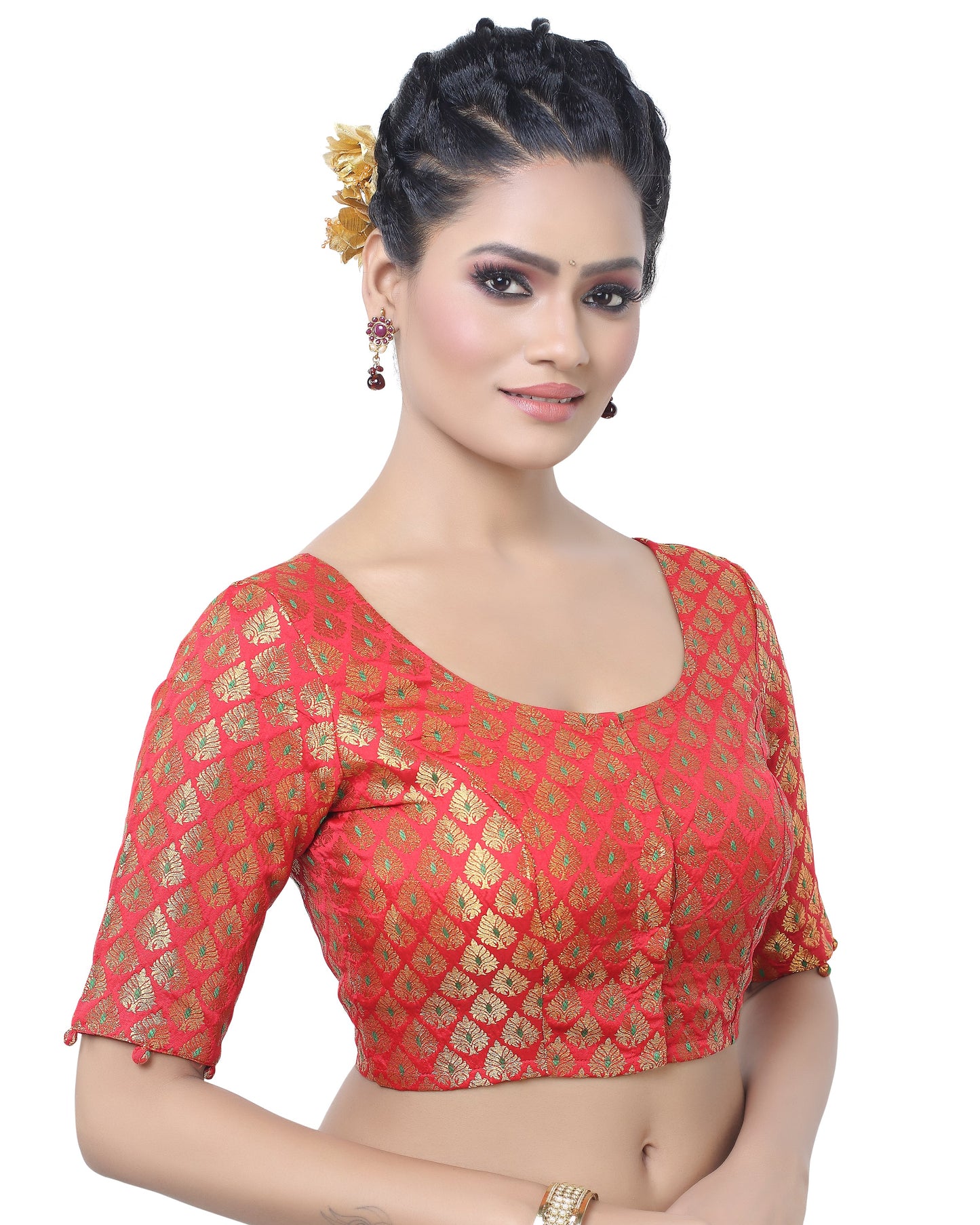 Women's Brocade Elbow Length Sleeve Readymade Saree Blouse