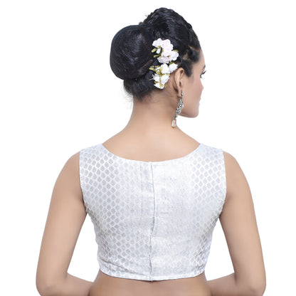 Women's Silver Banaras Brocade Sleeveless Readymade Stitched Blouse