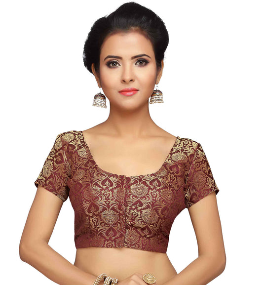 Women Maroon Banarasi Brocade Saree Blouse  (1pc)