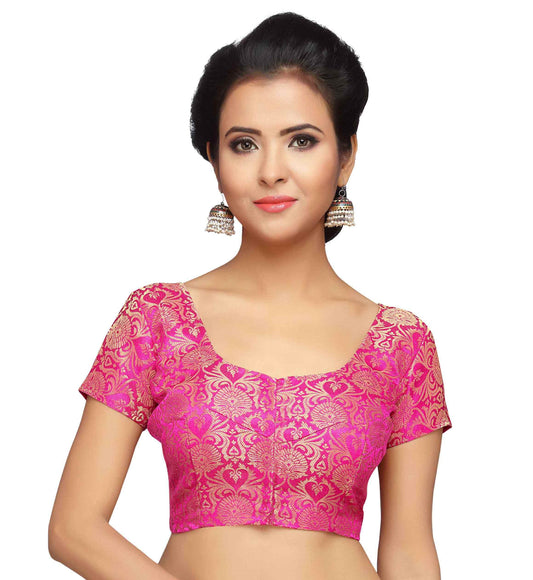 Women Pink Banarasi Brocade Saree Blouse  (1pc)