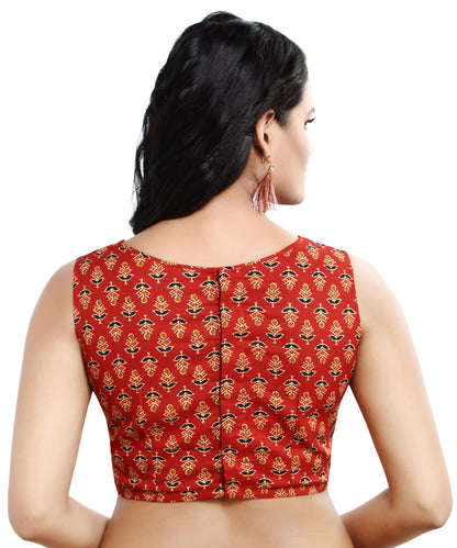 Women's Pure Cotton Floral Print Sleeveless Readymade Saree Blouse