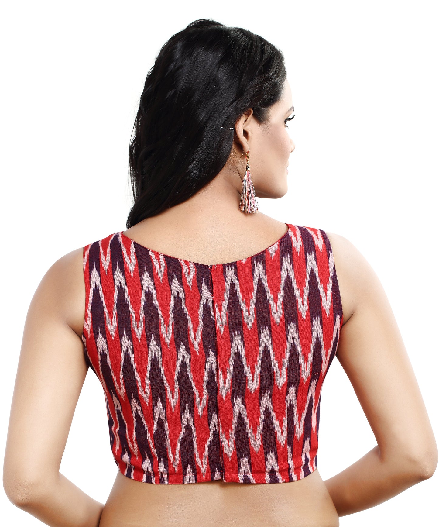 Women's Sleeveless Readymade Maroon Ikat Print Pure Cotton Blouse