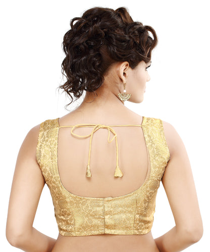 Women's Rich Golden Banaras Brocade Sleeveless Readymade Saree Blouse