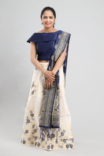 Women's Banarasi Blue On White Floral Brocade Lehenga With Ready Made Blouse, Dupatta, Cane And Lining.