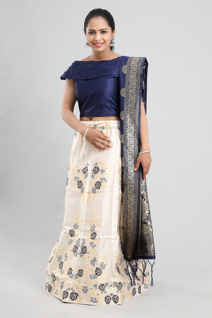 Women's Banarasi Blue On White Floral Brocade Lehenga With Ready Made Blouse, Dupatta, Cane And Lining.