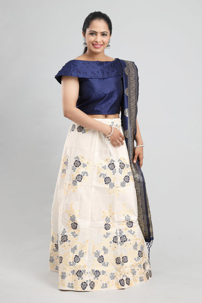 Women's Banarasi Blue On White Floral Brocade Lehenga With Ready Made Blouse, Dupatta, Cane And Lining.