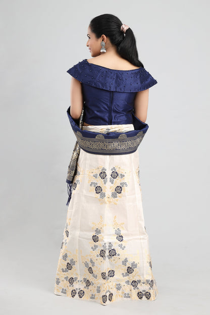 Women's Banarasi Blue On White Floral Brocade Lehenga With Ready Made Blouse, Dupatta, Cane And Lining.