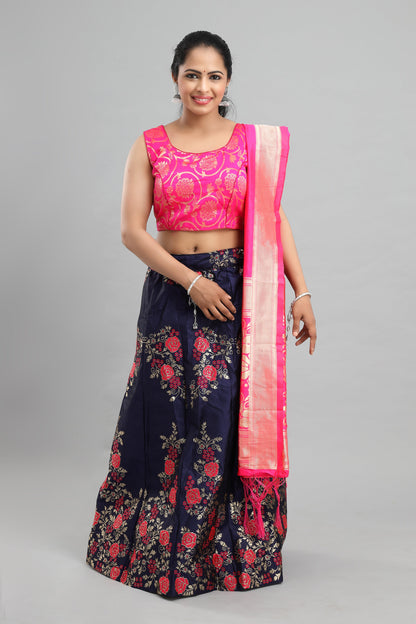 Women's Banarasi Blue Floral Lehenga With Ready Made Blouse, Brocade Dupatta, Cane And Lining.