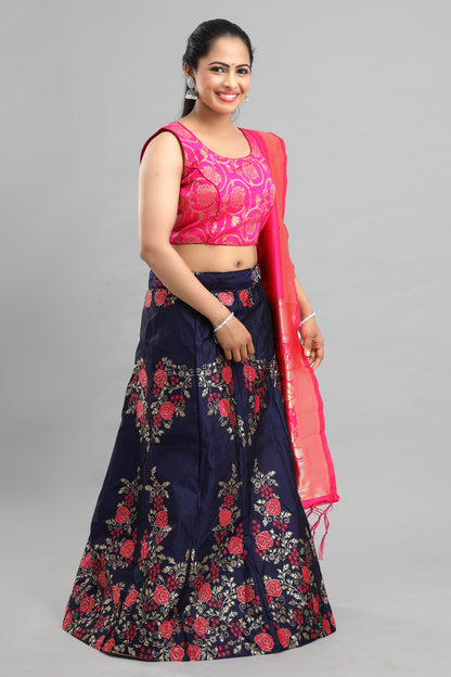 Women's Banarasi Blue Floral Lehenga With Ready Made Blouse, Brocade Dupatta, Cane And Lining.