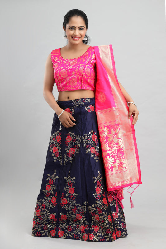 Women's Banarasi Blue Floral Lehenga With Ready Made Blouse, Brocade Dupatta, Cane And Lining.