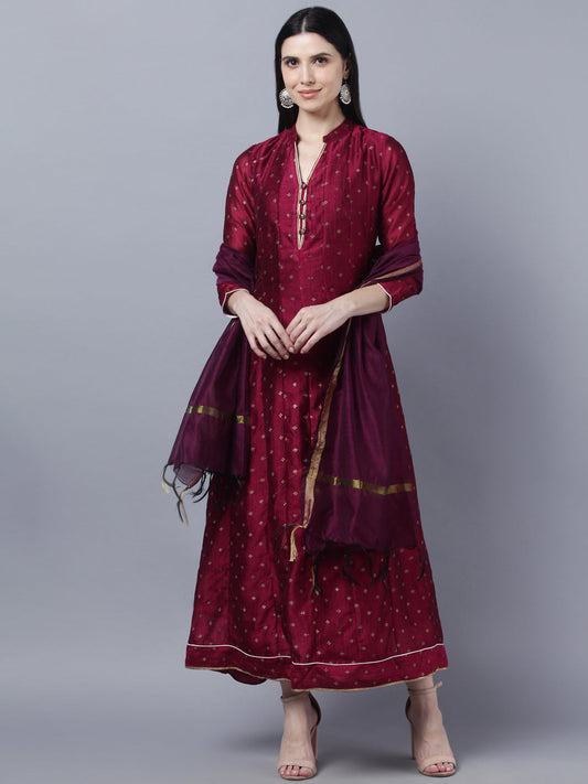 Women's Brown  Gold-Toned Anarkali Kurta With Dupatta