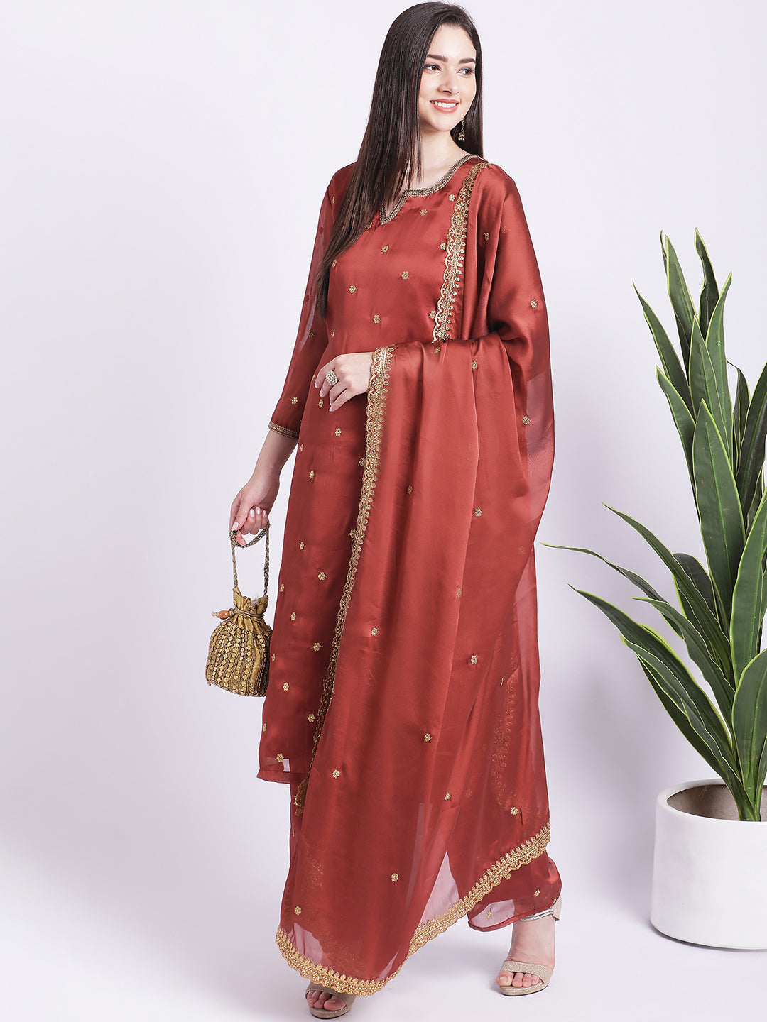 Women's Glam Rust Embroidered Kurti With Straight Palazzo And Embroidered Dupatta