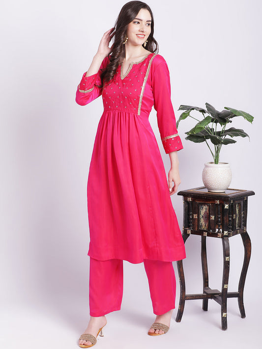 Women's Pink Punch A-Line Kurti With Straight Palazzo