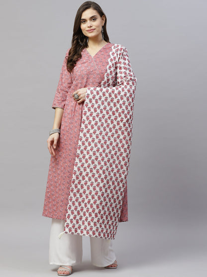 Women's Cotton Floral Print Anarkali Kurta With Dupatta