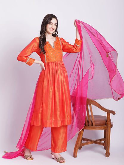 Women's Orange Punch A-Line Kurti With Straight Palazzo And Organza Dupatta