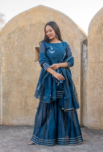 Women's Brinda  Hand Painted Chanderi Blue Kurta Sharara And Dupatta