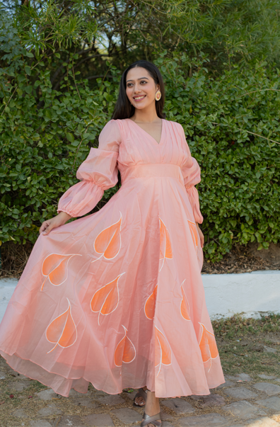 Women's Gulkaari Hand Painted Bell Sleeves Peach Gown