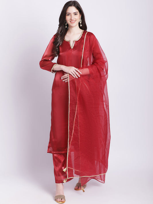 Women's Maroon Shine Organza Straight Kurti With Straight Palazzo And Organza Dupatta