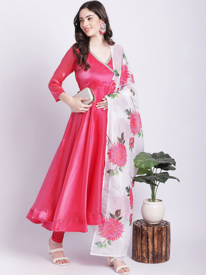 Women's Pink Dahlia Organza Anarkali With Churidar And Floral Printed Dupatta