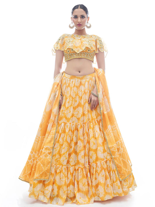 Women's Yellow Jaquard Embroidered Designer Lehenga