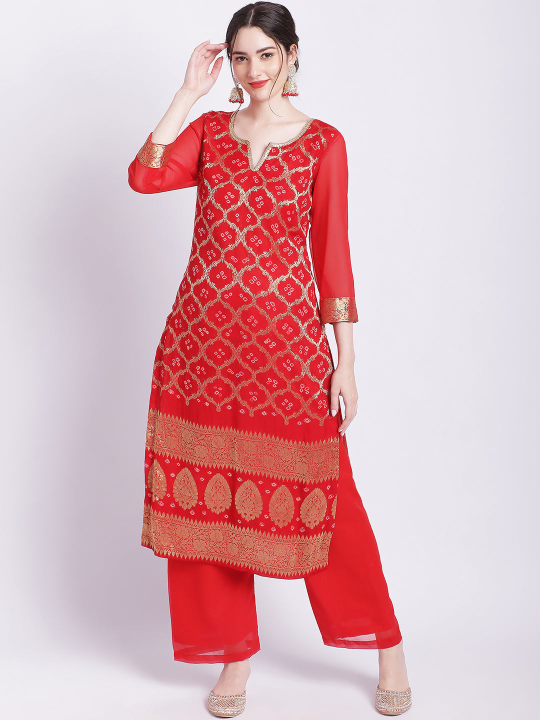 Women's Red Bandhej Bridal Kurti With Straight Palazzo