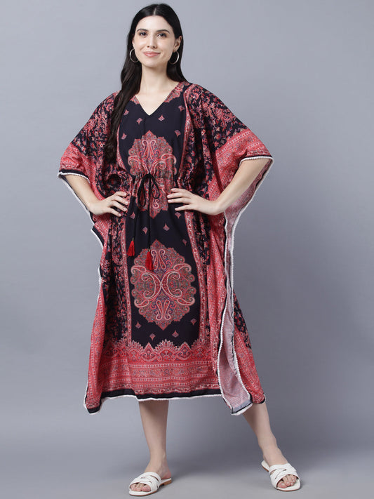 Women's Peach-Coloured  Purple Floral Kaftan Midi Dress