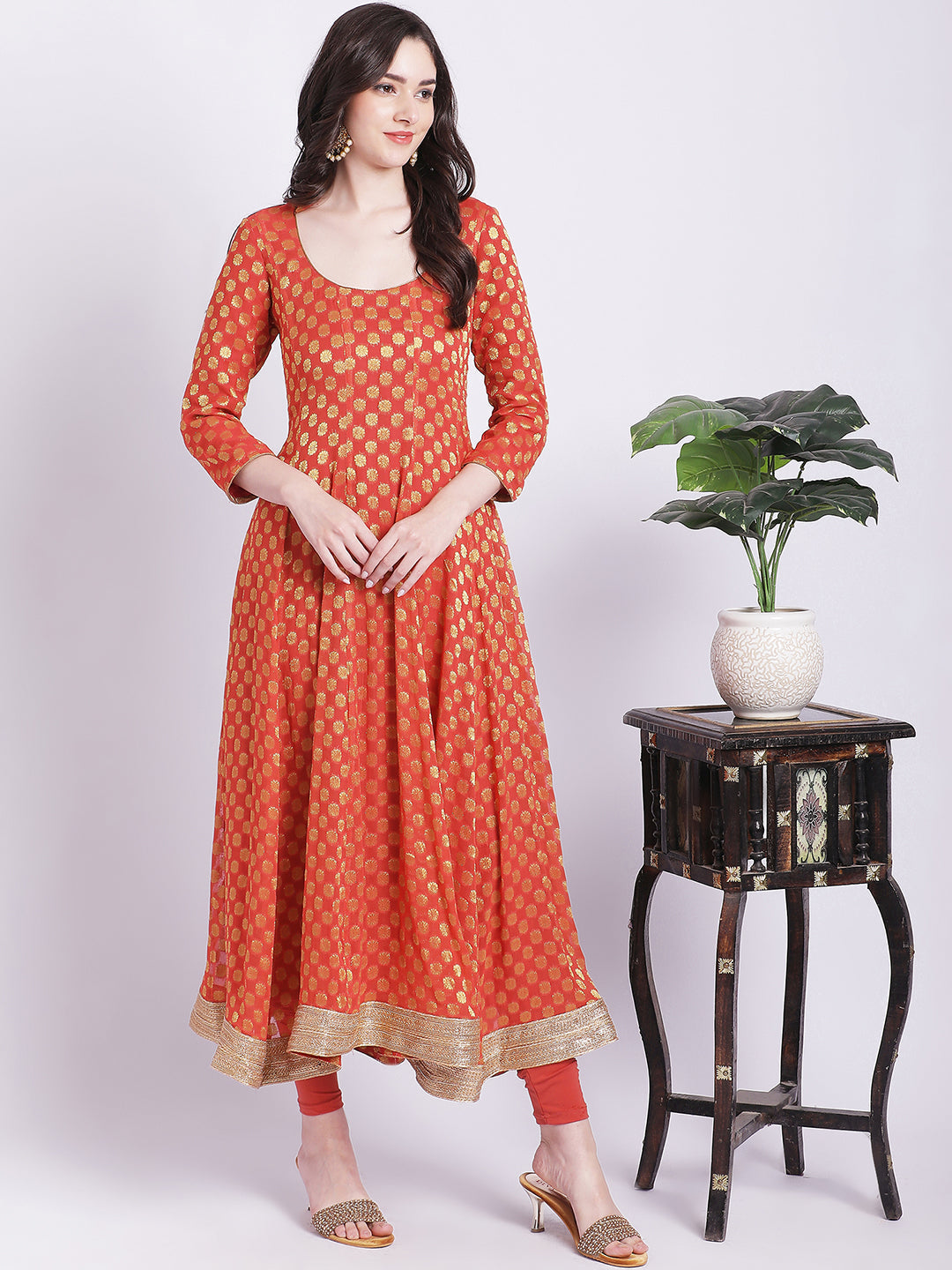 Women's Orange Banarsi Georgette Anarkali With Churidar