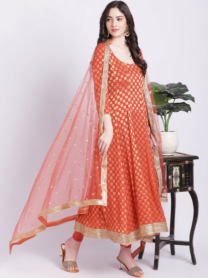 Women's Orange Banarasi Georgette Anarkali With Churidar And Net Sequin Dupatta