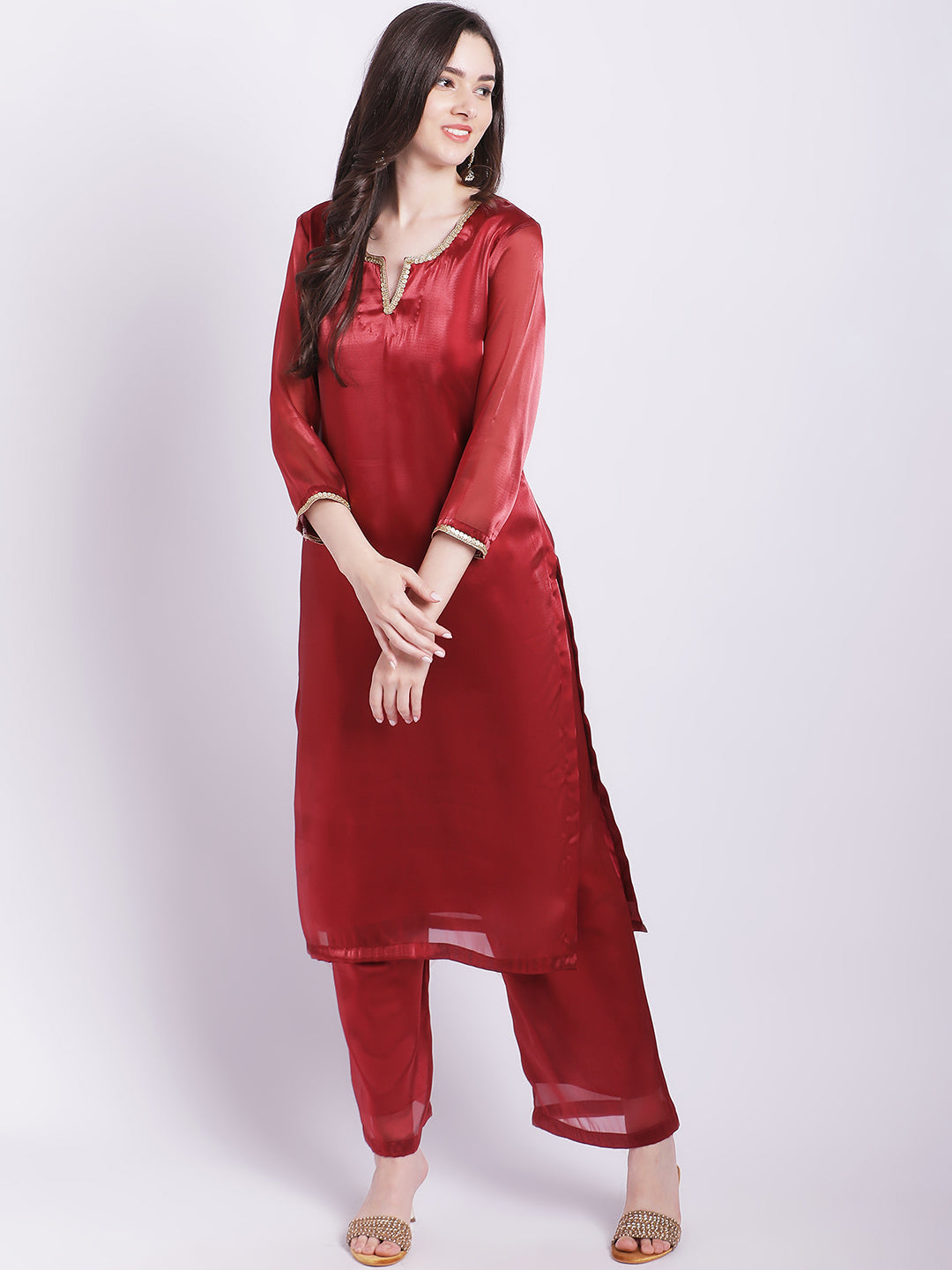 Women's Maroon Shine Organza Straight Kurti With Straight Palazzo