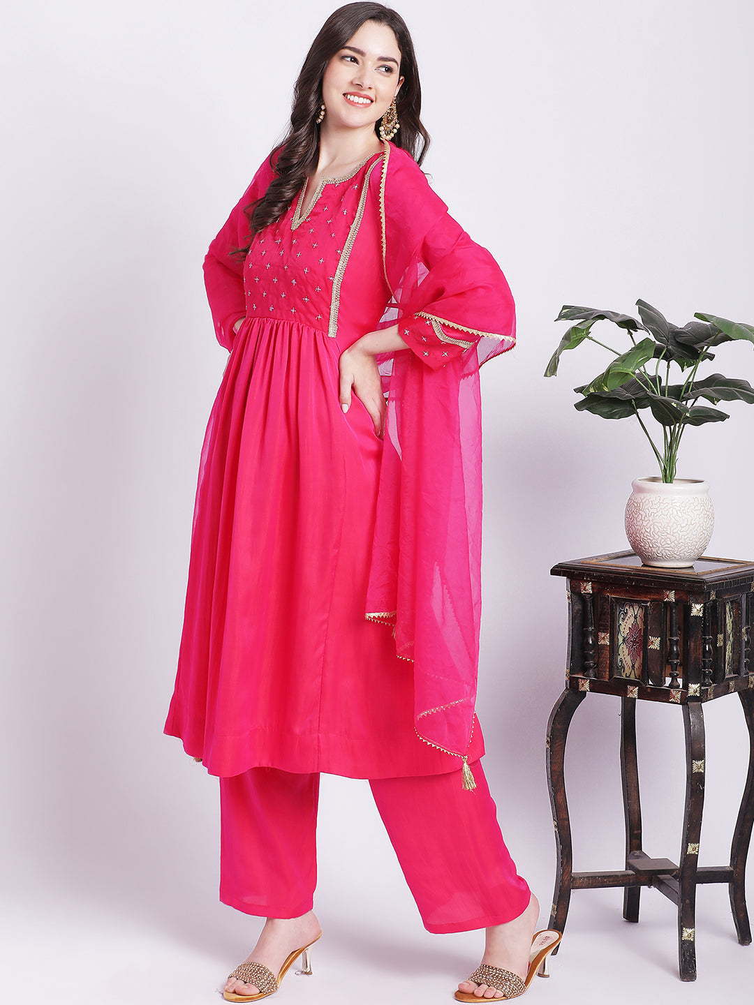 Women's Pink Punch A-Line Kurti With Straight Palazzo And Organza Dupatta