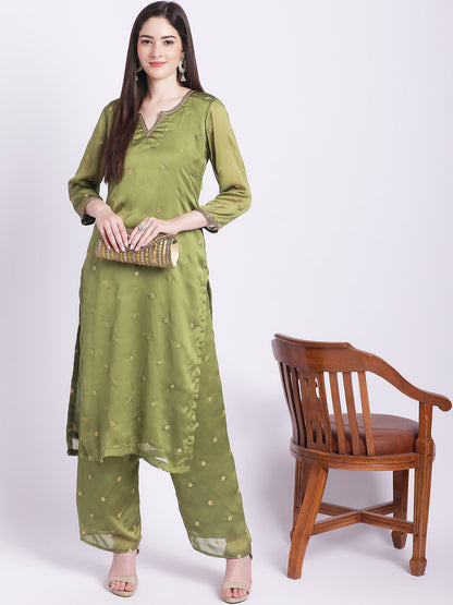 Women's Glam Green Embroidered Kurti With Straight Palazzo