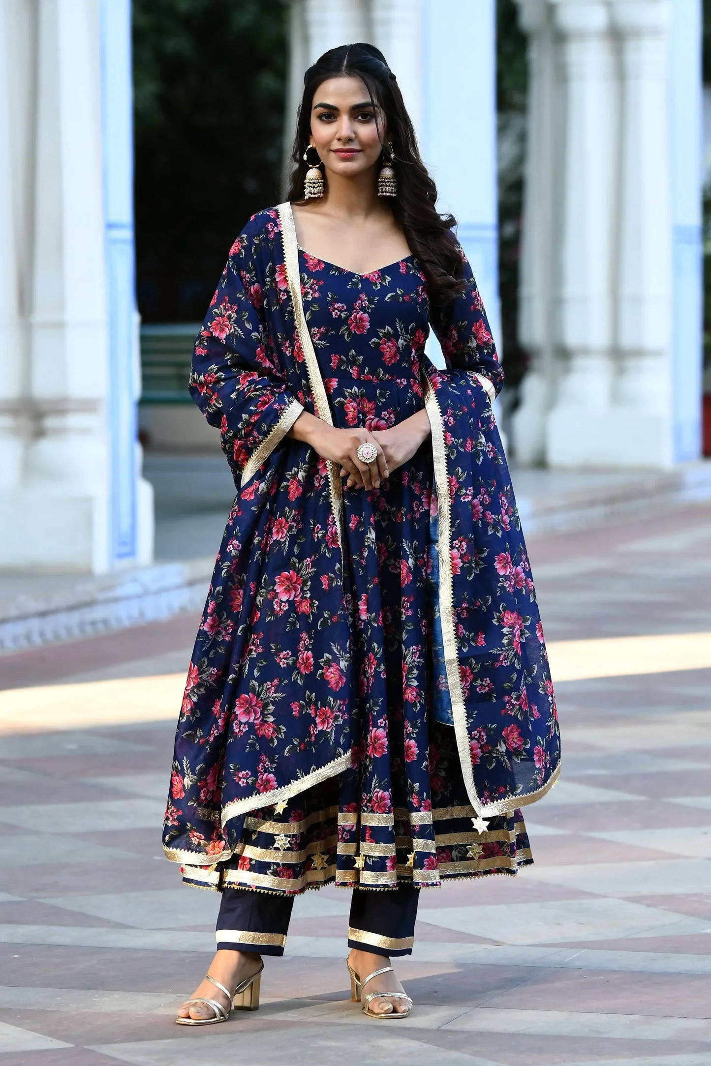 Women's Indigo Floral Anarkali Suit Set   -3Pc Set