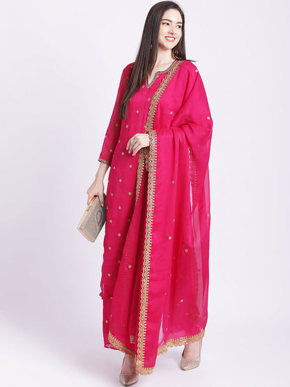 Women's Glam Pink Embroidered Kurti With Straight Palazzo And Embroidered Dupatta