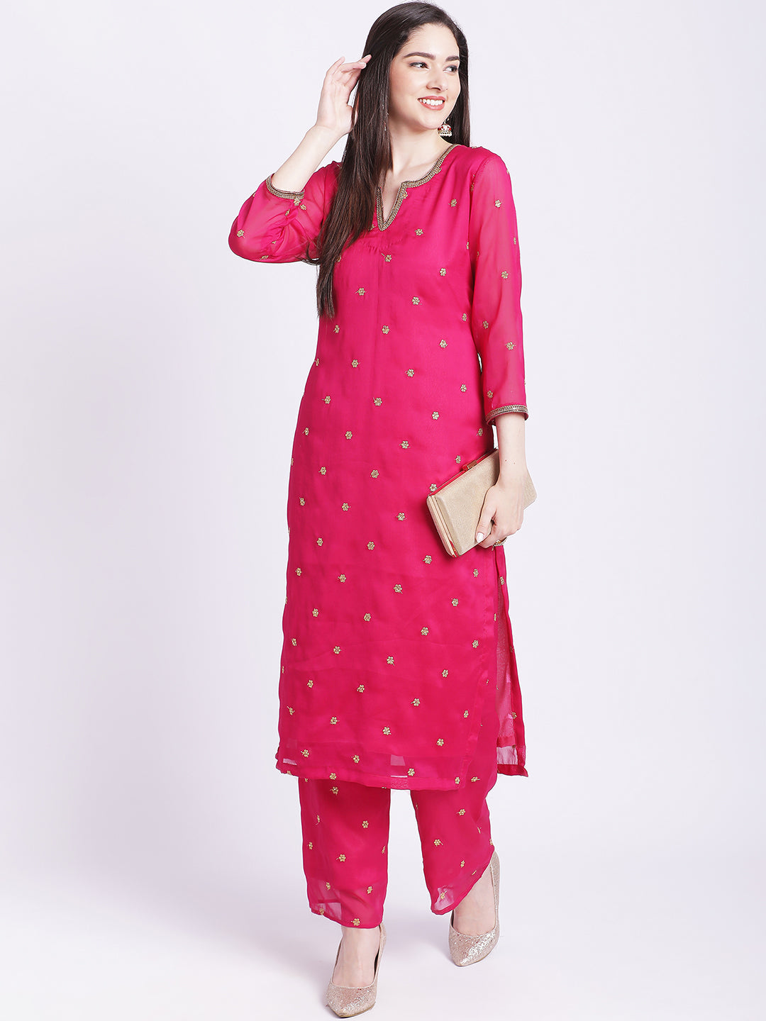 Women's Glam Pink Embroidered Kurti With Straight Palazzo