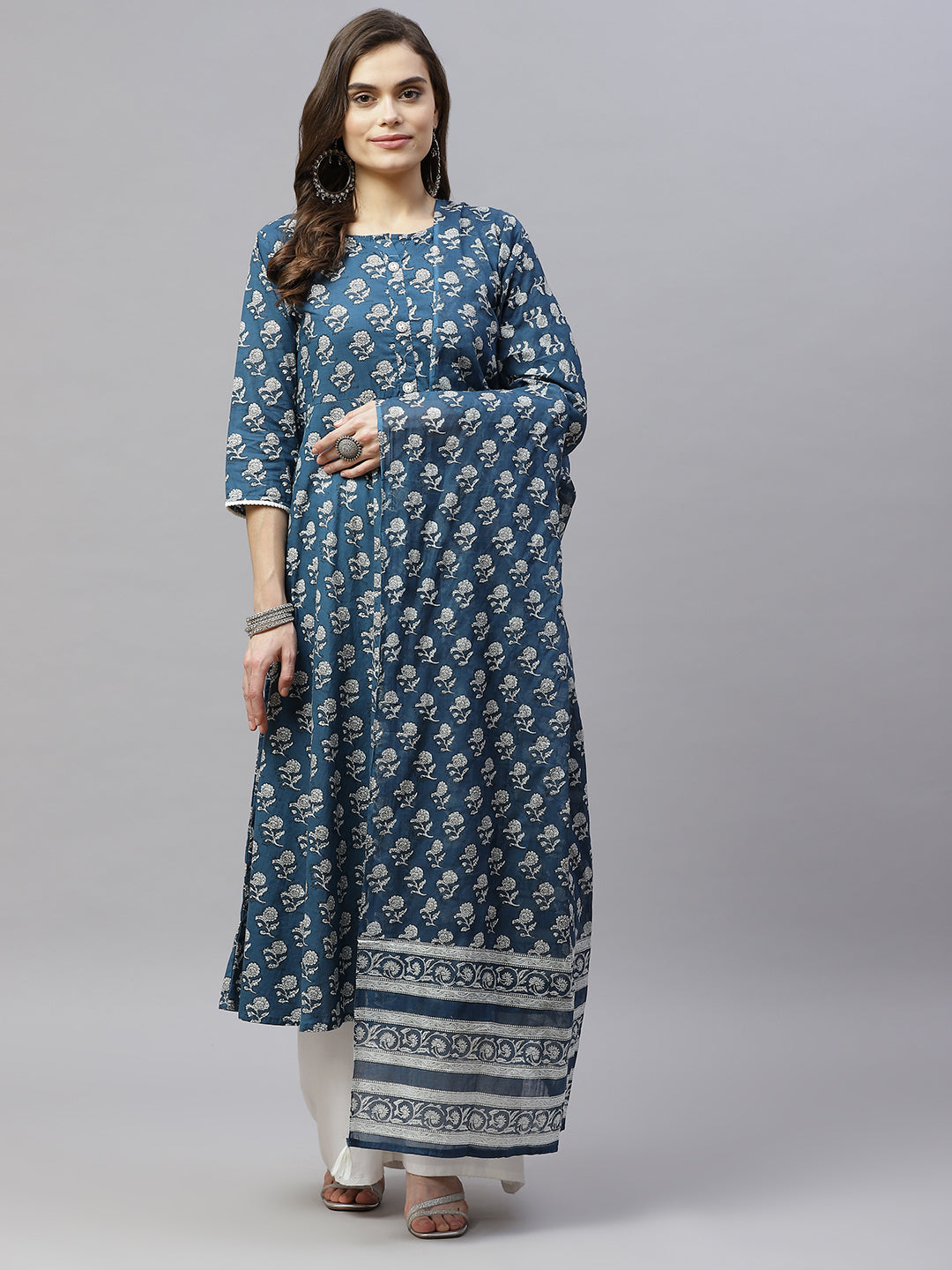 Women's Cotton Floral Print Anarkali Kurta With Dupatta