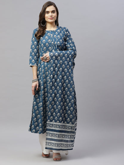 Women's Cotton Floral Print Anarkali Kurta With Dupatta