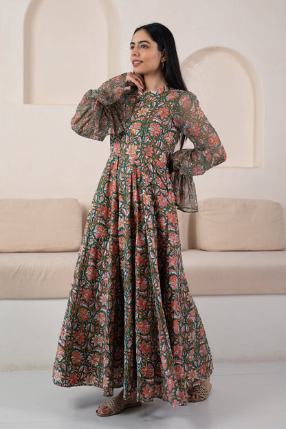 Green Floral Printed Gown For Women - (1Pc Set)