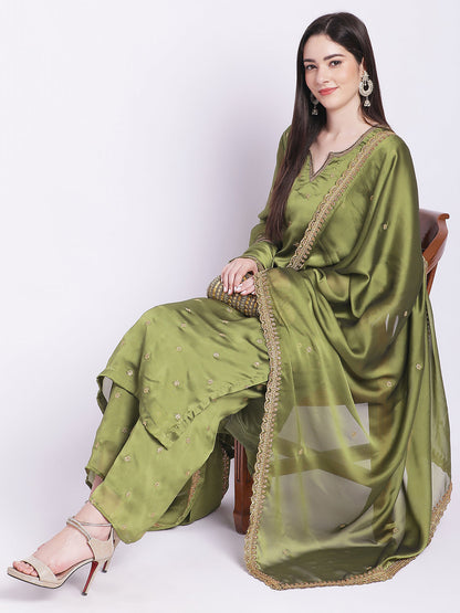 Women's Glam Green Embroidered Kurti With Straight Palazzo And Embroidered Dupatta