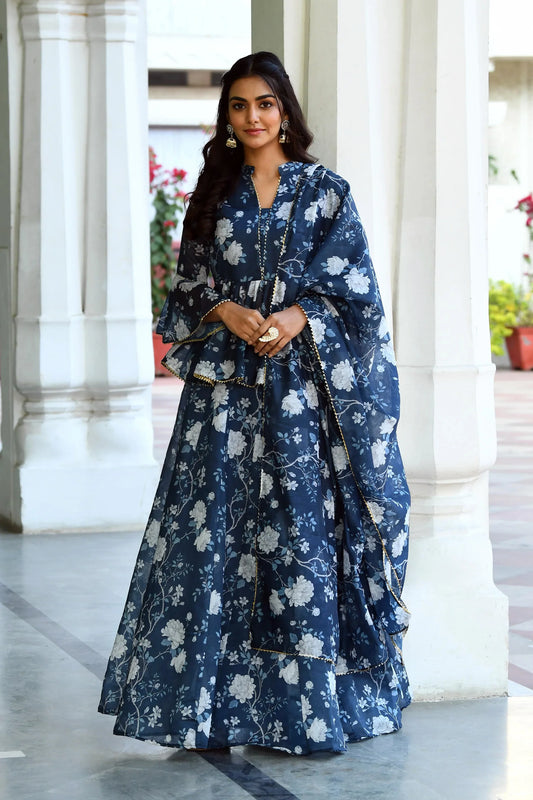 Women's Navy Blue Floral Lehenga Set   -3Pc Set