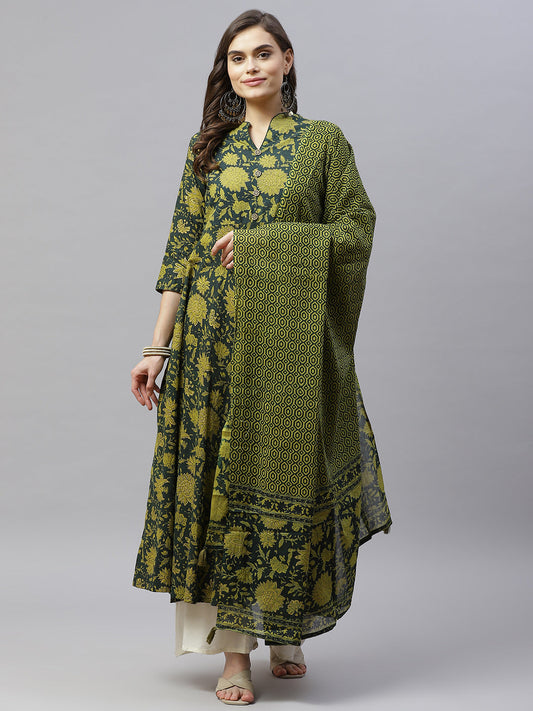 Women's Pure Cotton Printed Anarkali Kurta With Gold Print Dupatta