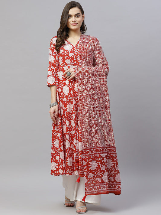 Women's Cotton Floral Printed Anarkali Kurta With Dupatta